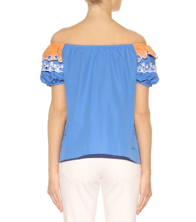 Shop Peter Pilotto Embroidered Off-the-shoulder Cotton Top In Blue