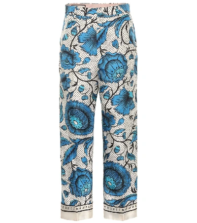 Shop Gucci Floral Silk Twill Pants In Blue