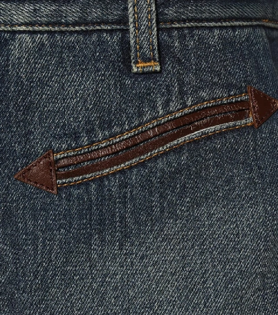 Shop Saint Laurent Leather-trimmed Denim Shorts In Blue