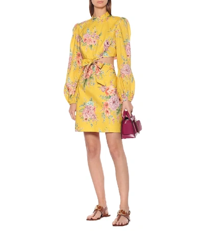 Shop Zimmermann Zinnia Floral Linen-blend Dress In Yellow