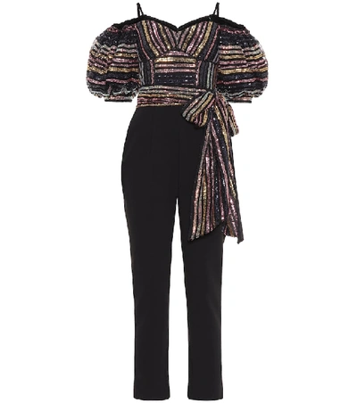 Shop Self-portrait Sequined Off-the-shoulder Jumpsuit In Multicoloured