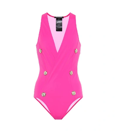 Shop Balmain Buttoned Swimsuit In Pink