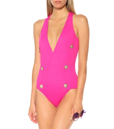 Shop Balmain Buttoned Swimsuit In Pink