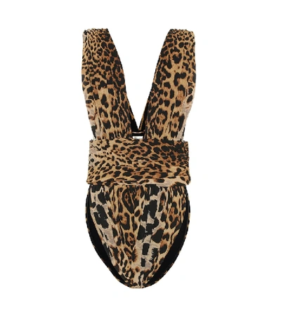 Shop Saint Laurent Leopard Silk Bodysuit In Brown