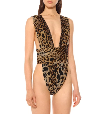 Shop Saint Laurent Leopard Silk Bodysuit In Brown