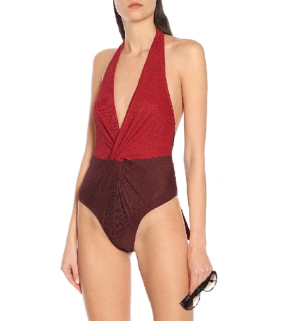 Shop Self-portrait Colorblocked One-piece Swimsuit In Red