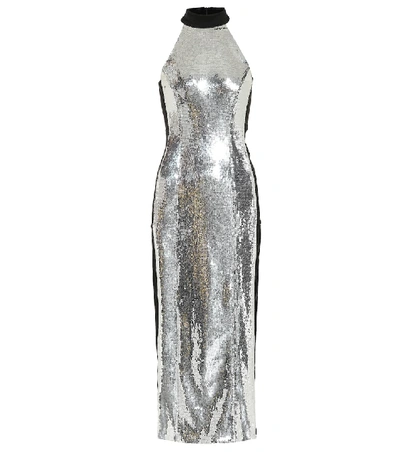 Shop Galvan Chrome Panel Sequinned Dress In Silver