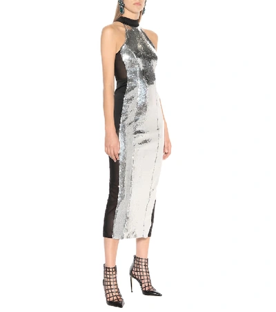 Shop Galvan Chrome Panel Sequinned Dress In Silver