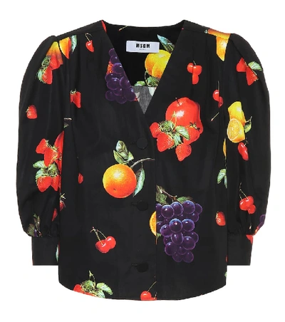 Shop Msgm Printed Cotton Blouse In Black