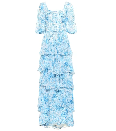 Shop Costarellos Floral Chiffon Gown In Blue