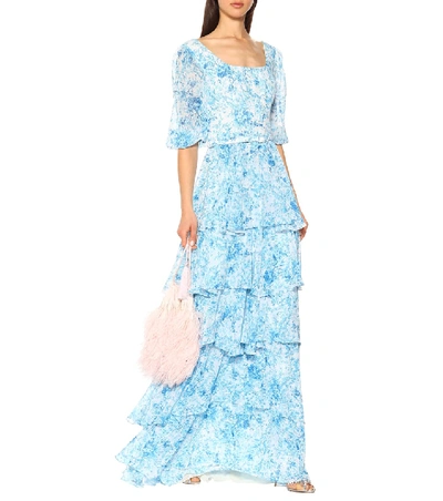 Shop Costarellos Floral Chiffon Gown In Blue