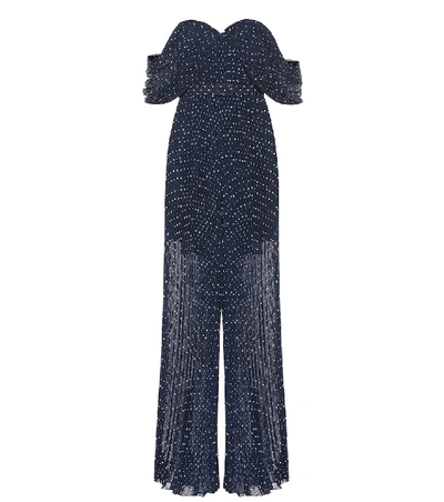 Shop Self-portrait Off-the-shoulder Polka-dot Jumpsuit In Blue