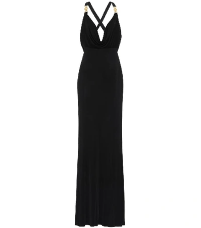 Shop Versace Embellished Satin Gown In Black