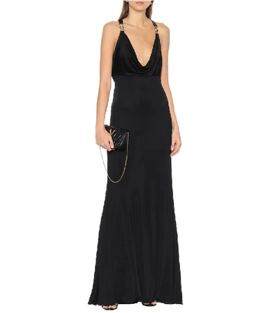 Shop Versace Embellished Satin Gown In Black
