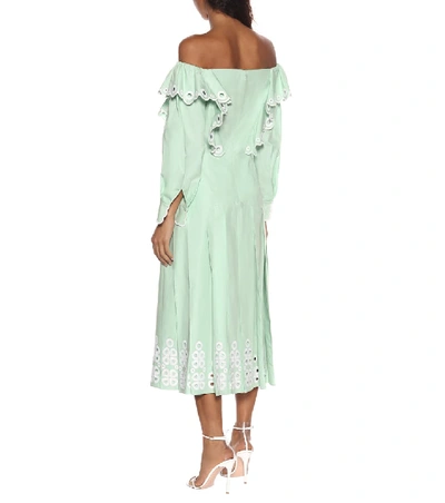 Shop Fendi Embroidered Cotton Midi Dress In Green