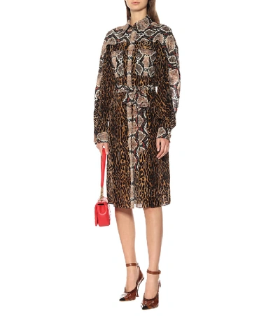 Shop Burberry Animal-print Silk Shirt Dress In Brown