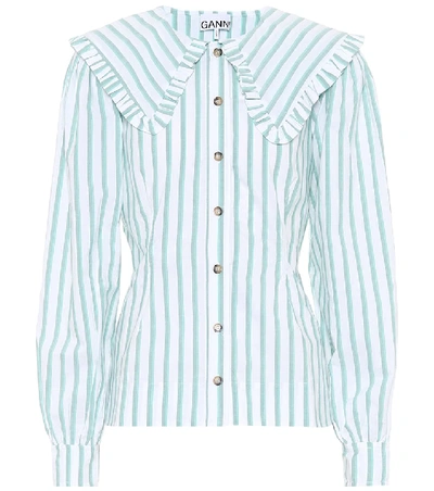 Shop Ganni Feathery Striped Cotton Shirt In Green