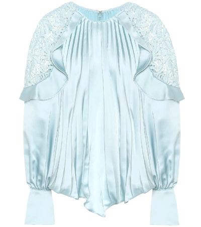 Shop Self-portrait Lace-shoulder Satin Blouse In Blue