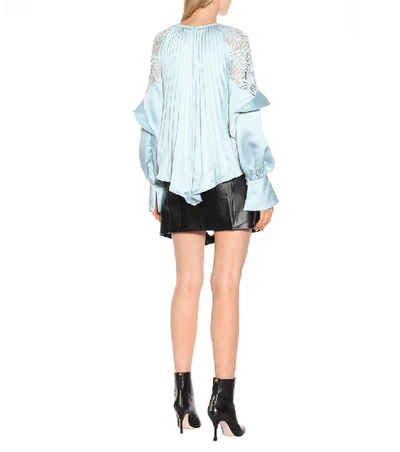 Shop Self-portrait Lace-shoulder Satin Blouse In Blue