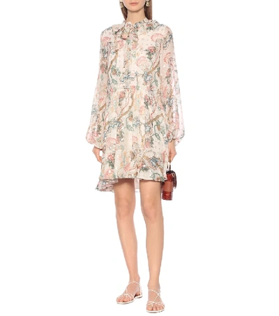 Shop Chloé Embroidered Printed Silk Dress In Beige