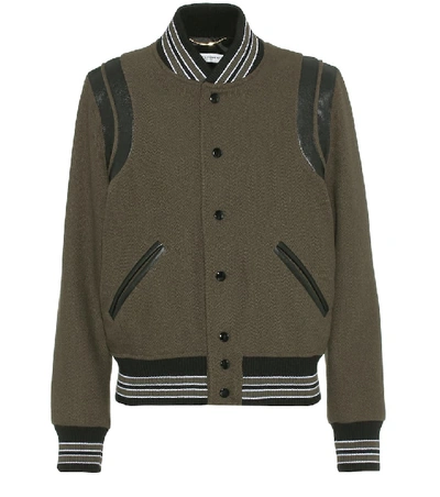 Shop Saint Laurent Leather-trimmed Wool Bomber Jacket In Green