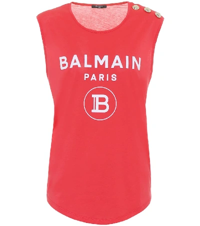 Shop Balmain Logo Cotton-jersey Tank Top In Pink