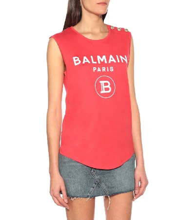 Shop Balmain Logo Cotton-jersey Tank Top In Pink