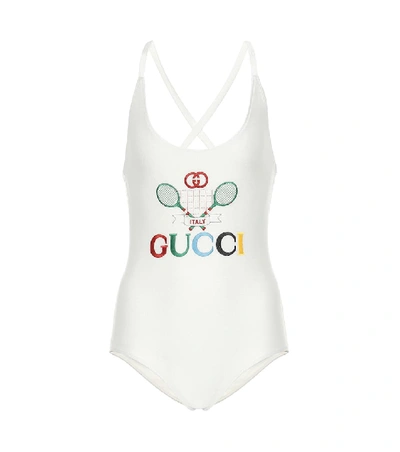 Shop Gucci Embroidered One-piece Swimsuit In White