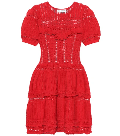 Shop Self-portrait Lace Cotton Knit Minidress In Red