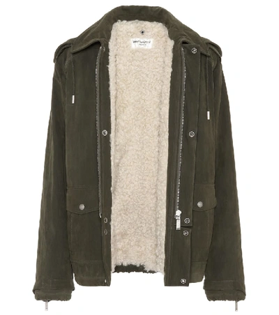 Shop Saint Laurent Fur-trimmed Cotton Jacket In Green
