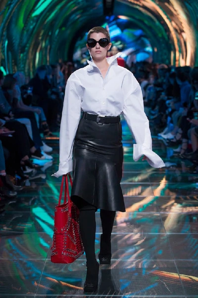 Shop Balenciaga High-rise Leather Godet Skirt In Black