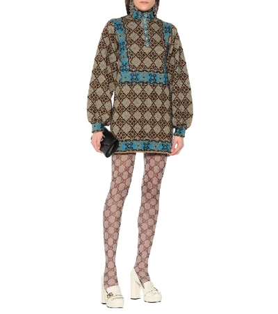 Shop Gucci Lamé Gg Wool-blend Minidress In Brown