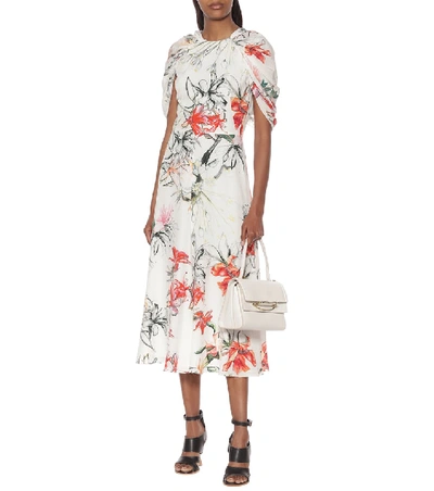 Shop Alexander Mcqueen Floral Silk Midi Dress In White