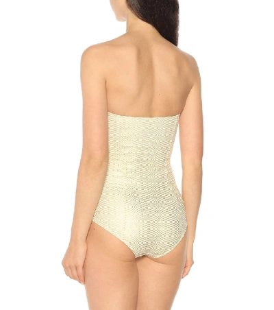 Shop Lisa Marie Fernandez Buckle Bandeau Seersucker Swimsuit In Gold