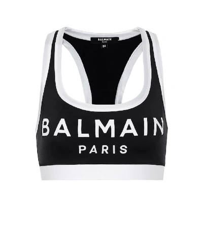 Shop Balmain Logo Stretch-jersey Sports Bra In Black