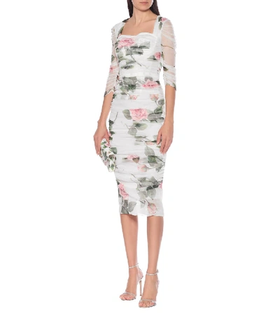 Shop Dolce & Gabbana Floral Cotton Midi Dress In White