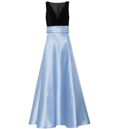 Shop Costarellos Silk-twill And Velvet Gown In Blue