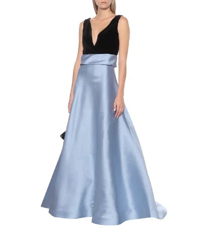Shop Costarellos Silk-twill And Velvet Gown In Blue