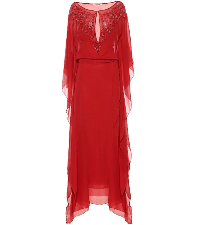 Shop Roberto Cavalli Embellished Silk Crêpe Kaftan In Red