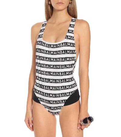 Shop Balmain Logo Swimsuit In Black