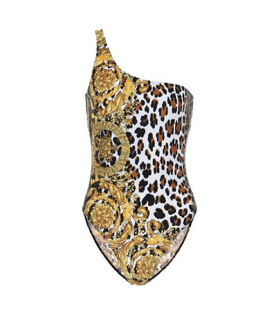 Shop Versace Leopard-print One-shoulder Swimsuit In Brown