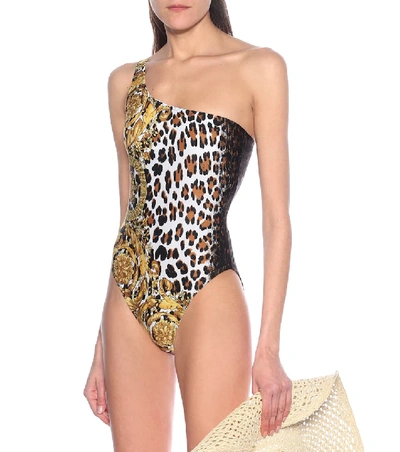 Shop Versace Leopard-print One-shoulder Swimsuit In Brown