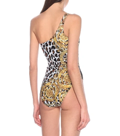 Shop Versace Leopard-print One-shoulder Swimsuit In Brown