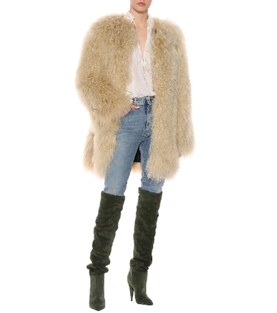 Shop Saint Laurent Fur Coat In Beige