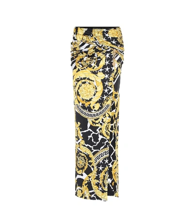 Shop Versace Printed Jersey Maxi Skirt In Yellow
