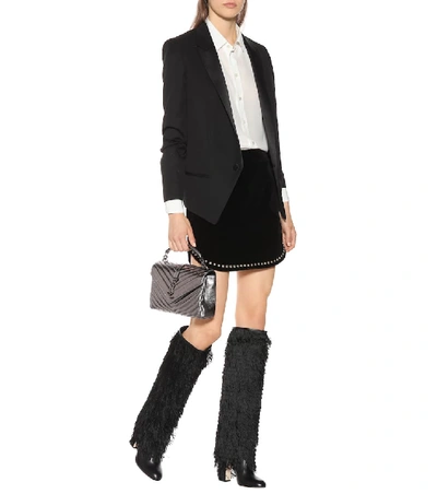 Shop Saint Laurent Embellished Velvet Miniskirt In Black