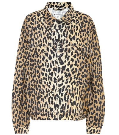 Shop Balenciaga Leopard-print Denim Jacket In Brown