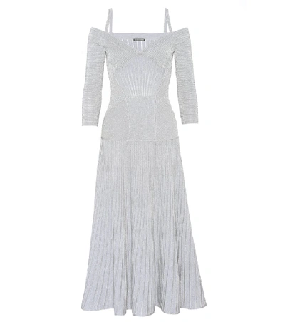 Shop Alexander Mcqueen Off-the-shoulder Knitted Dress In Silver