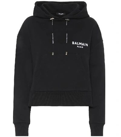 Shop Balmain Cropped Cotton Hoodie In Black