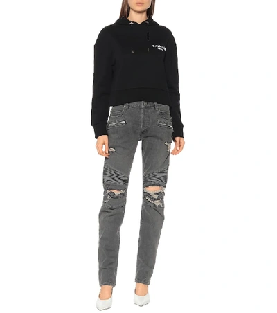 Shop Balmain Cropped Cotton Hoodie In Black